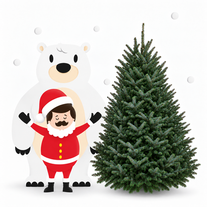 Sapin fraser 7-8 pieds sur fond blanc avec père noel à côté